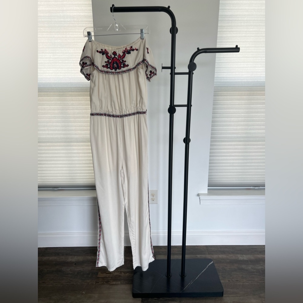 RAGA Off The Shoulder Floral Embroidered Boho Jumpsuit Off White M